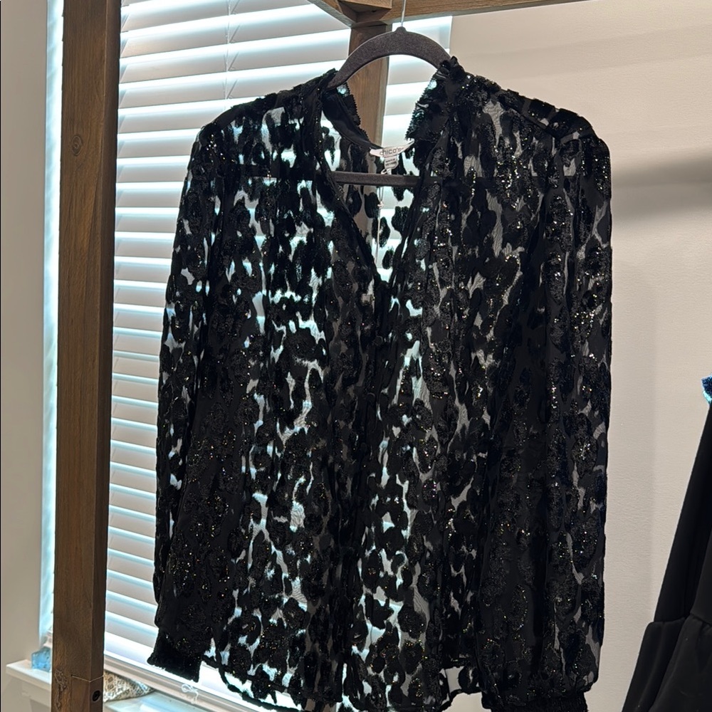 Black Sheer Long Sleeve Blouse with Mandarin Collar